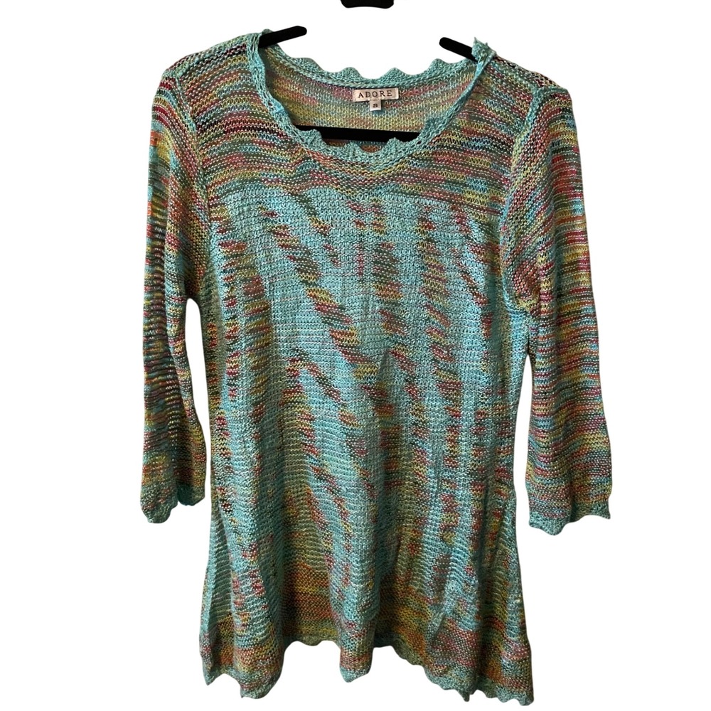ADORE Multicolor Knit Sweater Tunic Top‎ Womens Size S Sheer Mesh Wavy Hem